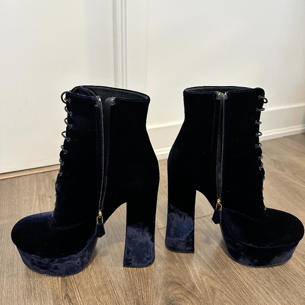Prada Velvet Blue Lace-up Platform Boots, size 38